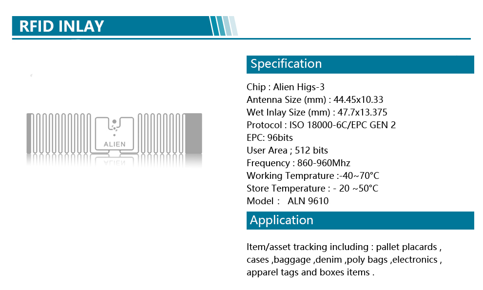 China Factory 860-960mhz Alien H3 9610 Wet or Dry UHF Inlays